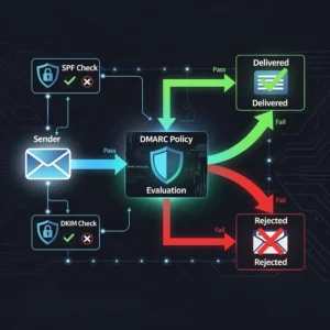 DMARC email authentication flow diagram showing SPF and DKIM verification leading to DMARC policy evaluation