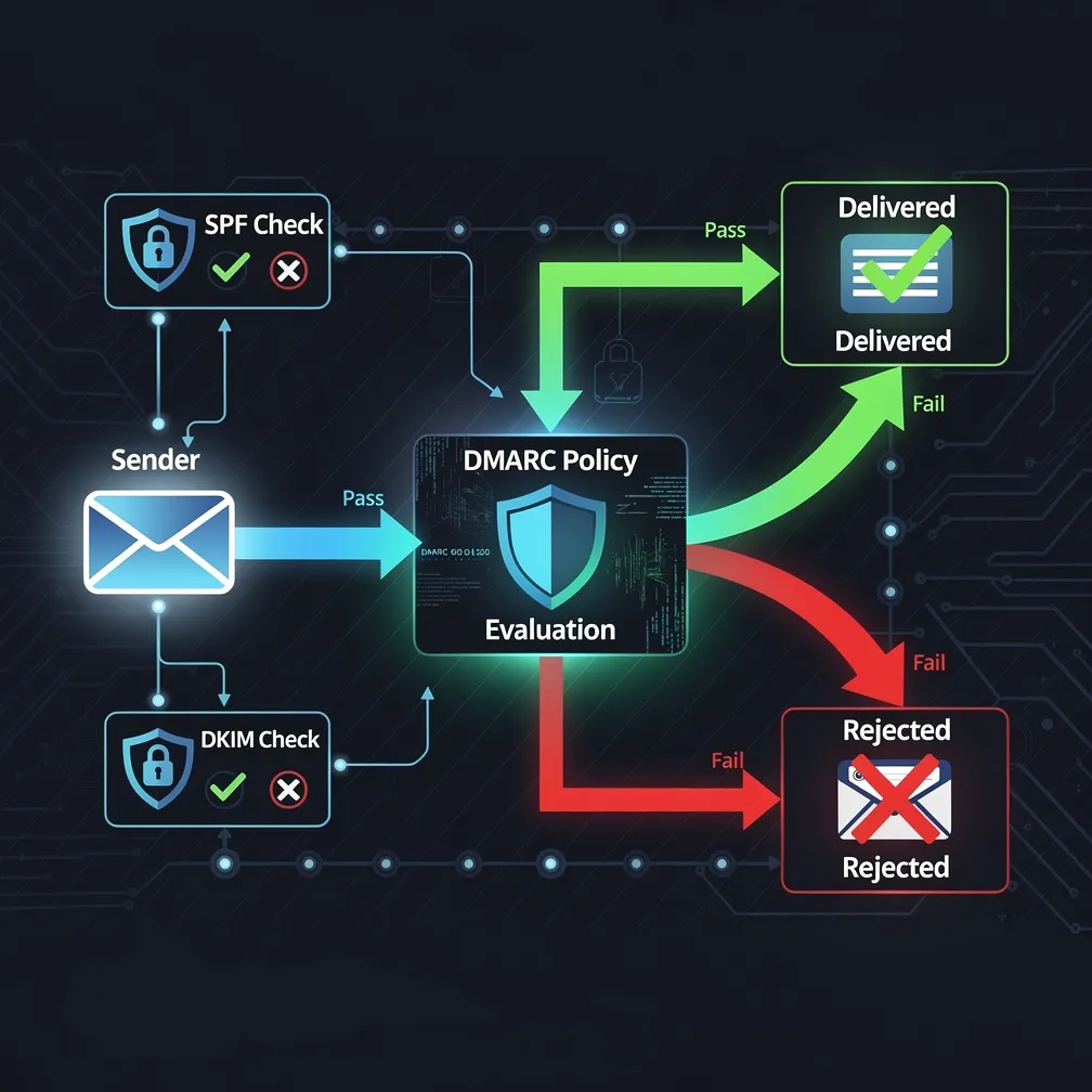 DMARC email authentication flow diagram showing SPF and DKIM verification leading to DMARC policy evaluation