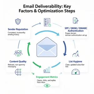 Email deliverability factors and optimization steps infographic showing sender reputation, authentication, content quality, list hygiene, and monitoring