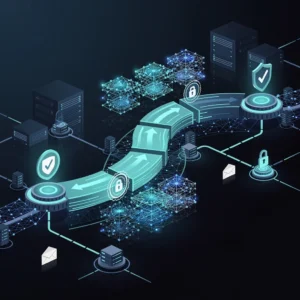 AI-powered email delivery infrastructure with interconnected nodes, authentication checkpoints, and data streams in blue and teal tones