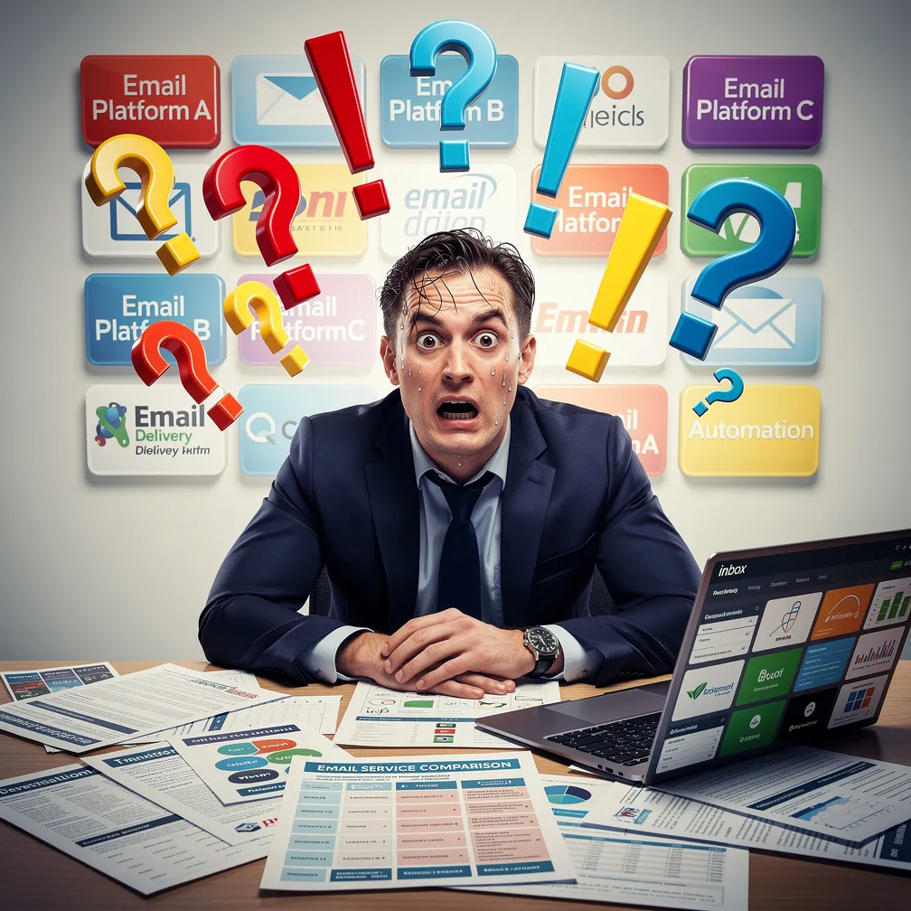 Funny meme of a stressed business owner overwhelmed by too many email delivery platform choices, sweating while trying to decide