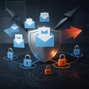 Professional illustration showing email security protection with shield, digital locks, and cybersecurity elements representing the five critical email threats businesses face in 2026