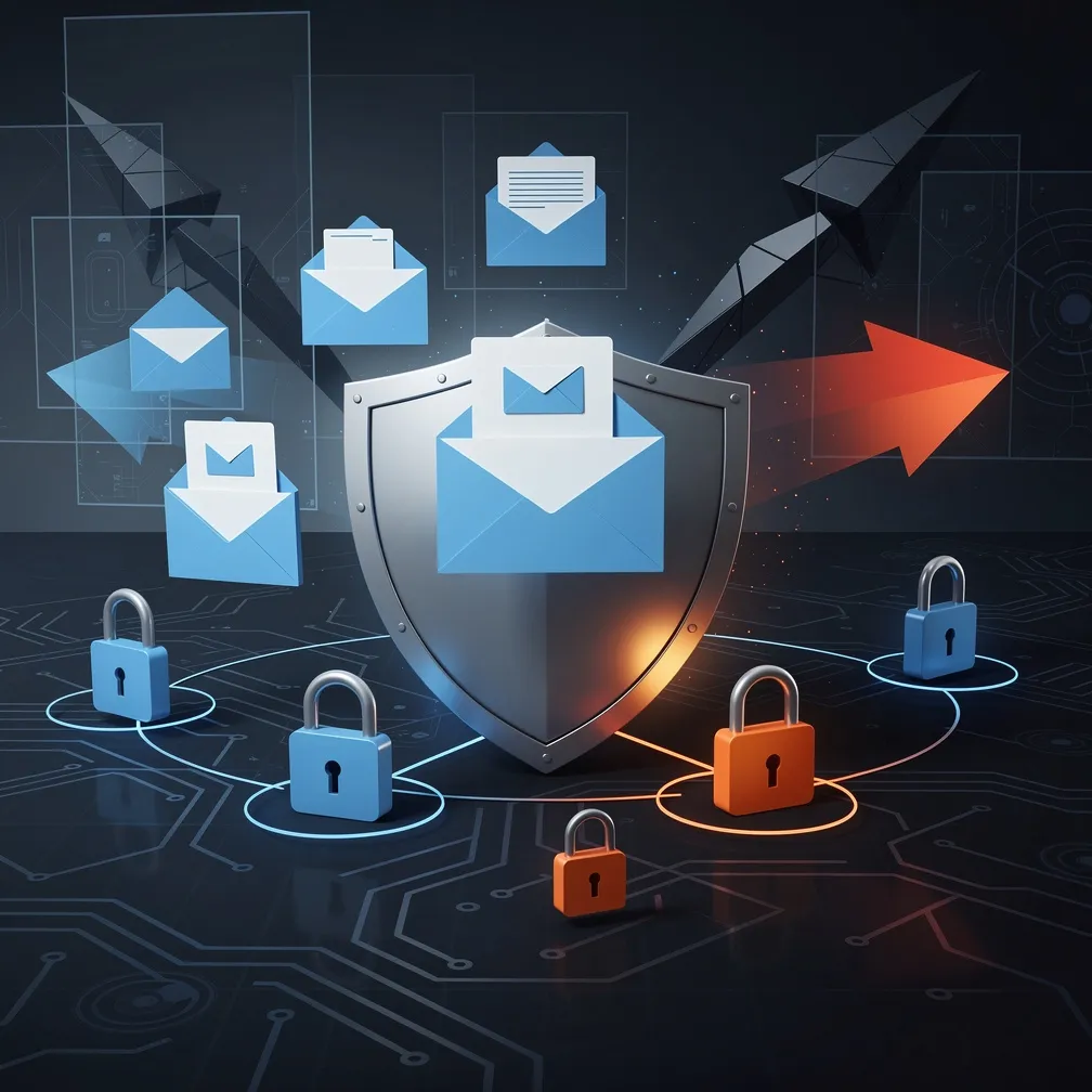 Professional illustration showing email security protection with shield, digital locks, and cybersecurity elements representing the five critical email threats businesses face in 2026