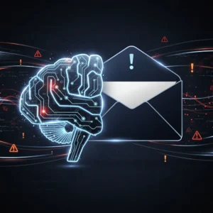 AI-generated phishing email detection concept showing neural network and deceptive email visualization