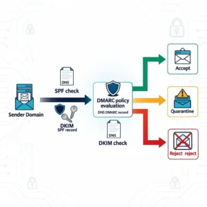 Technical diagram showing DMARC email authentication flow from sender domain through SPF and DKIM checks to policy evaluation and delivery decision