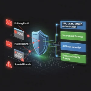 Cybersecurity diagram showing phishing attack vectors and multi-layered defense strategies including email authentication, threat detection, and employee training