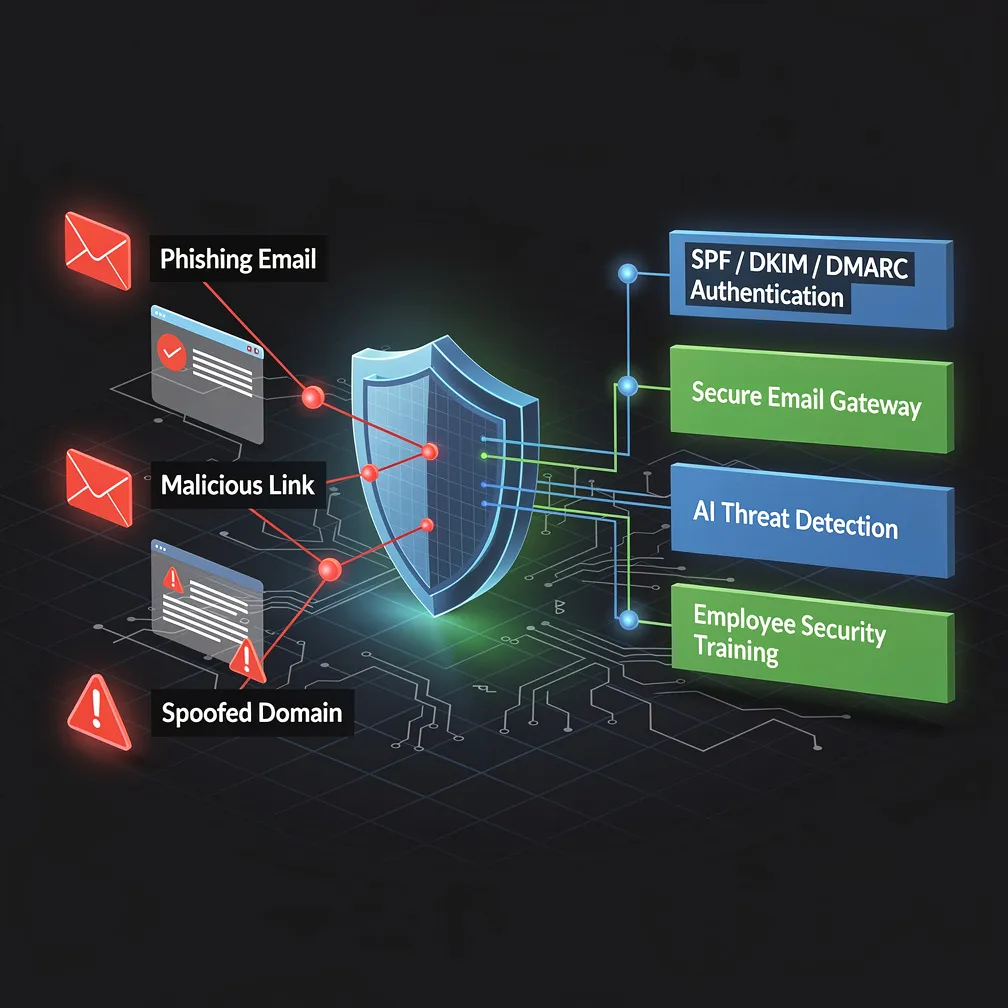 Cybersecurity diagram showing phishing attack vectors and multi-layered defense strategies including email authentication, threat detection, and employee training