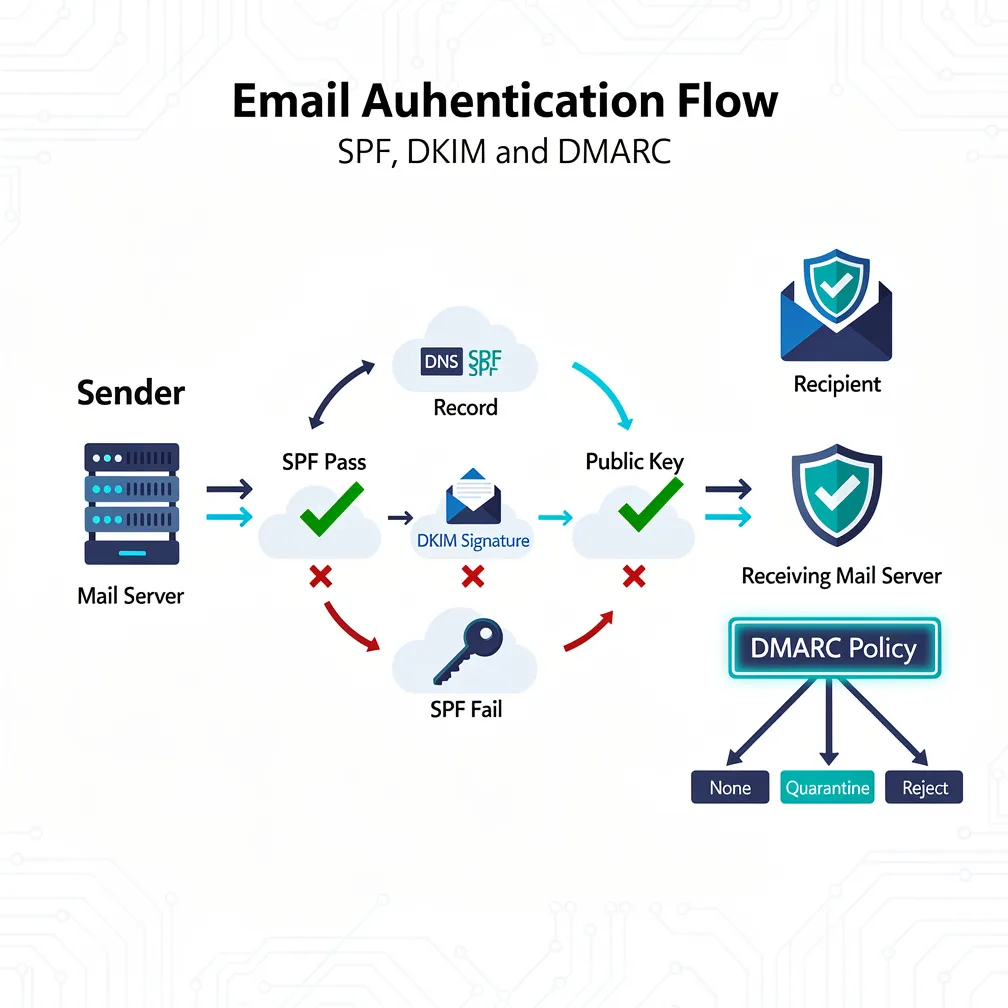 Email authentication flow diagram showing SPF DKIM and DMARC protocols