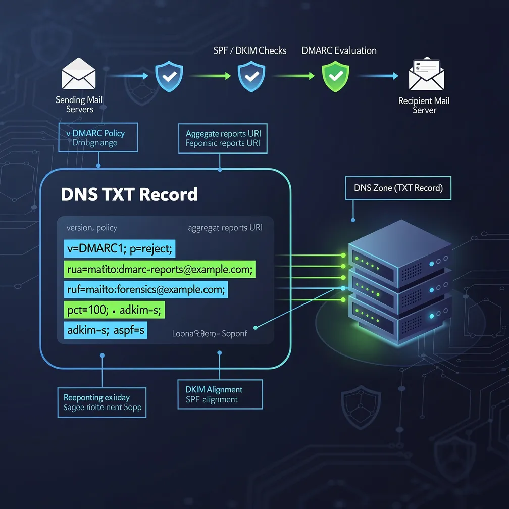 Technical diagram showing DMARC record structure with labeled components and DNS configuration flow in cybersecurity blue and green style