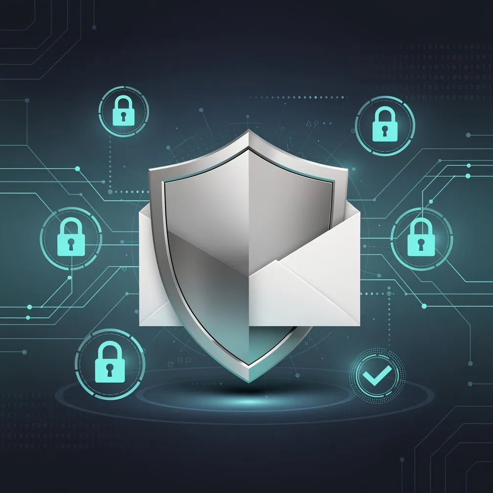 DMARC email authentication security concept with shield protecting email envelope and digital verification symbols