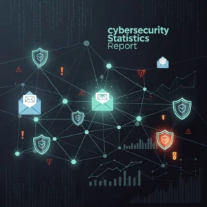 Abstract data visualization showing email security threats and statistics with dark blue and teal cybersecurity aesthetic