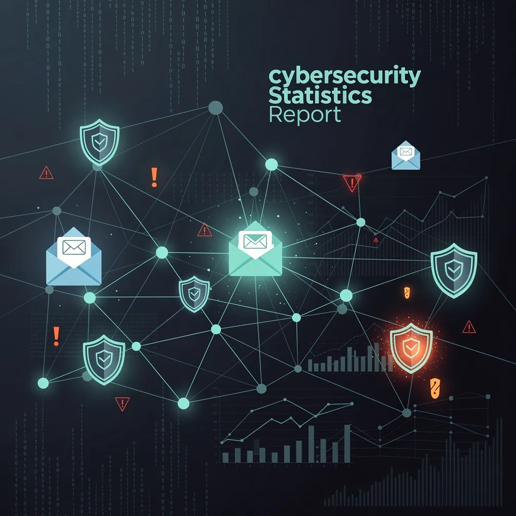 Abstract data visualization showing email security threats and statistics with dark blue and teal cybersecurity aesthetic