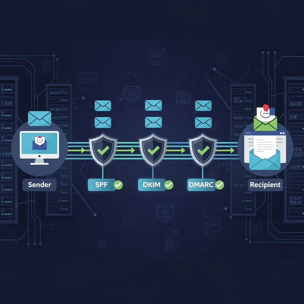 Email delivery flow diagram showing SPF, DKIM, and DMARC authentication checkpoints in a modern blue and green design