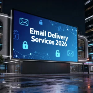 Billboard-style image for Email Delivery Services in 2026 featuring bold typography, email icons, and secure network connections