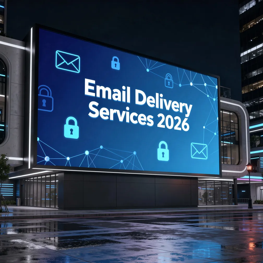 Billboard-style image for Email Delivery Services in 2026 featuring bold typography, email icons, and secure network connections