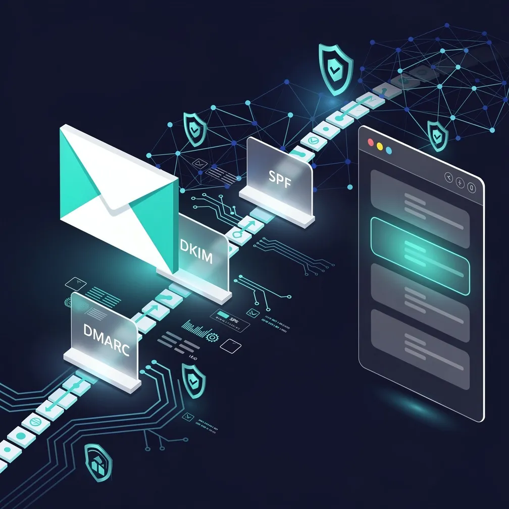 Modern email delivery technology illustration showing authentication checkpoints, AI optimization nodes, and secure delivery pathways in blue and teal tones
