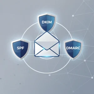 Professional illustration showing SPF, DKIM, and DMARC email authentication protocols protecting an email envelope