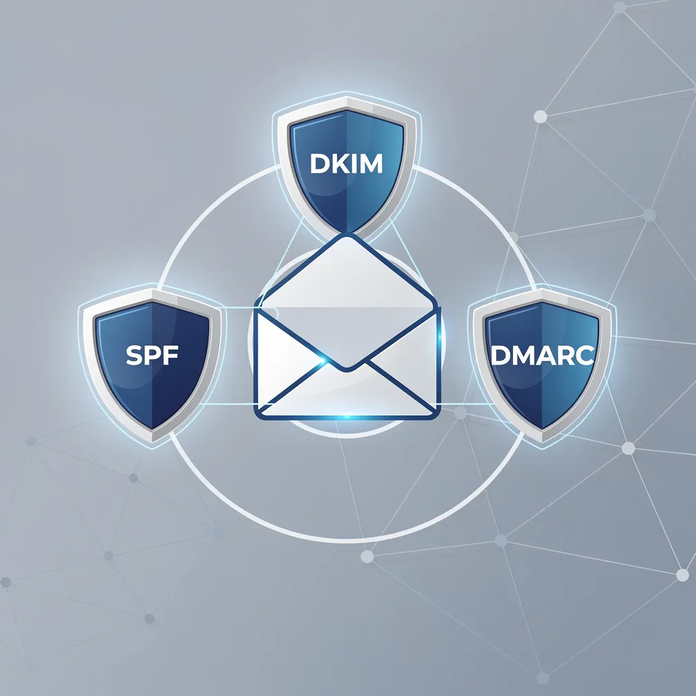 Professional illustration showing SPF, DKIM, and DMARC email authentication protocols protecting an email envelope