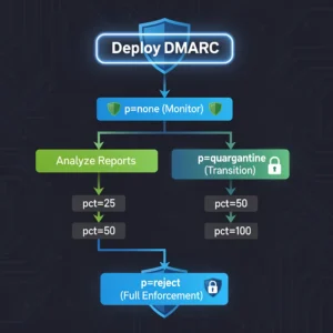DMARC policy progression decision tree showing the path from p=none monitoring through p=quarantine transition to p=reject full enforcement