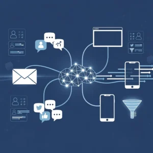 Enterprise digital marketing strategies 2026 showing interconnected digital channels, AI-driven data flows, and personalization engines in modern blue and white corporate design