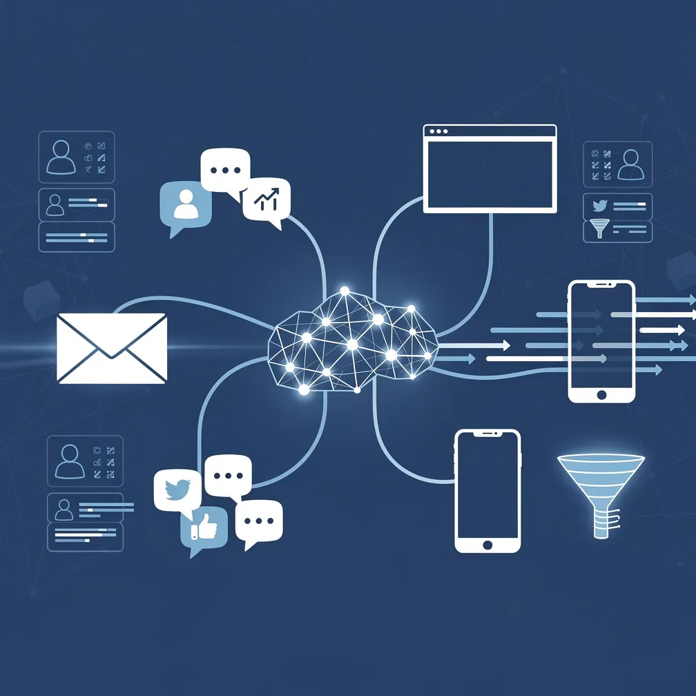 Enterprise digital marketing strategies 2026 showing interconnected digital channels, AI-driven data flows, and personalization engines in modern blue and white corporate design