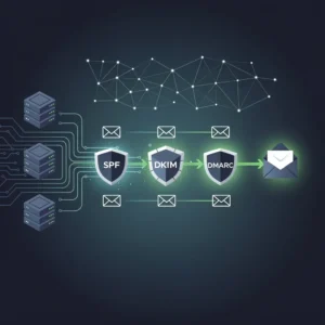 Modern email delivery infrastructure showing authentication checkpoints, AI optimization nodes, and inbox delivery paths for 2026 email services