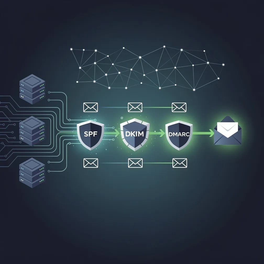 Modern email delivery infrastructure showing authentication checkpoints, AI optimization nodes, and inbox delivery paths for 2026 email services