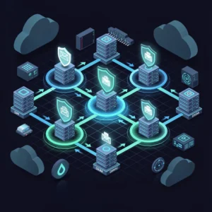 Email delivery infrastructure illustration showing interconnected server nodes, authentication checkpoints, and network pathways in blue and teal tones