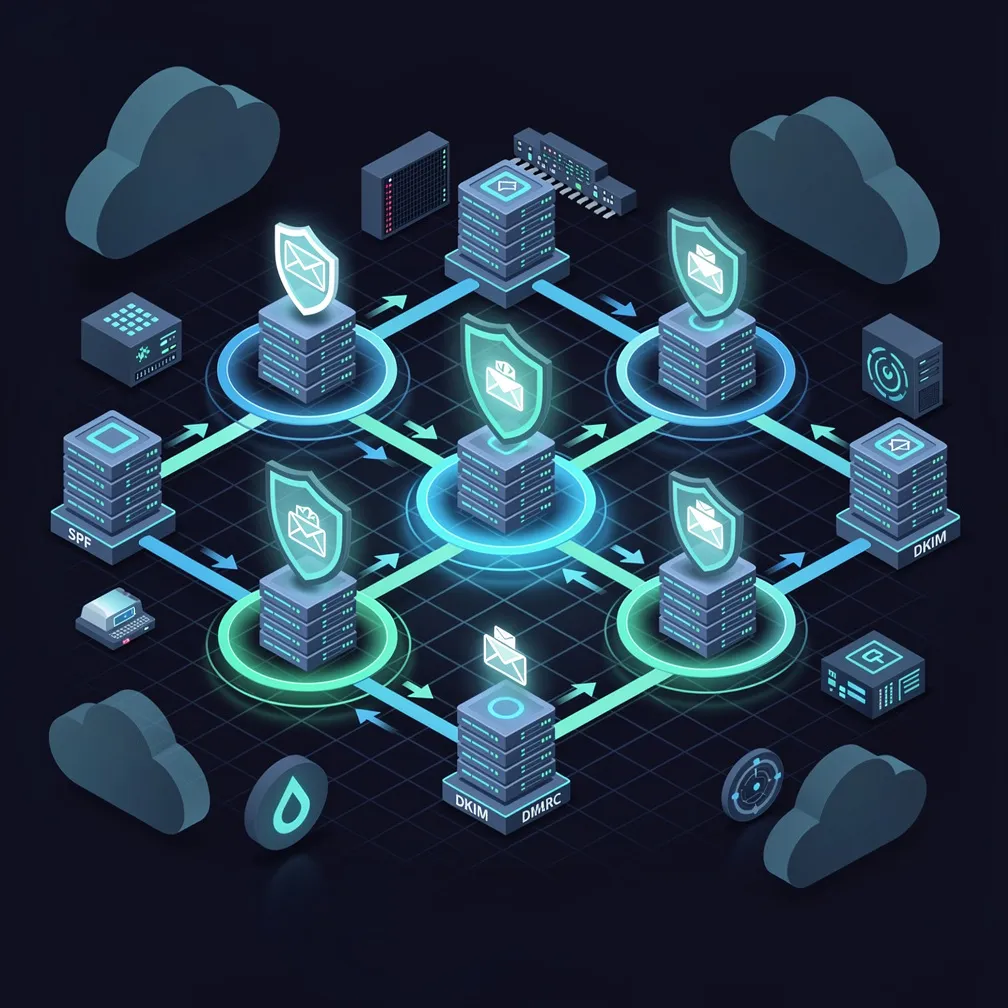 Email delivery infrastructure illustration showing interconnected server nodes, authentication checkpoints, and network pathways in blue and teal tones