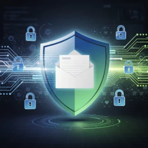 Secure email delivery illustration showing shield protecting email with encryption and security protocols