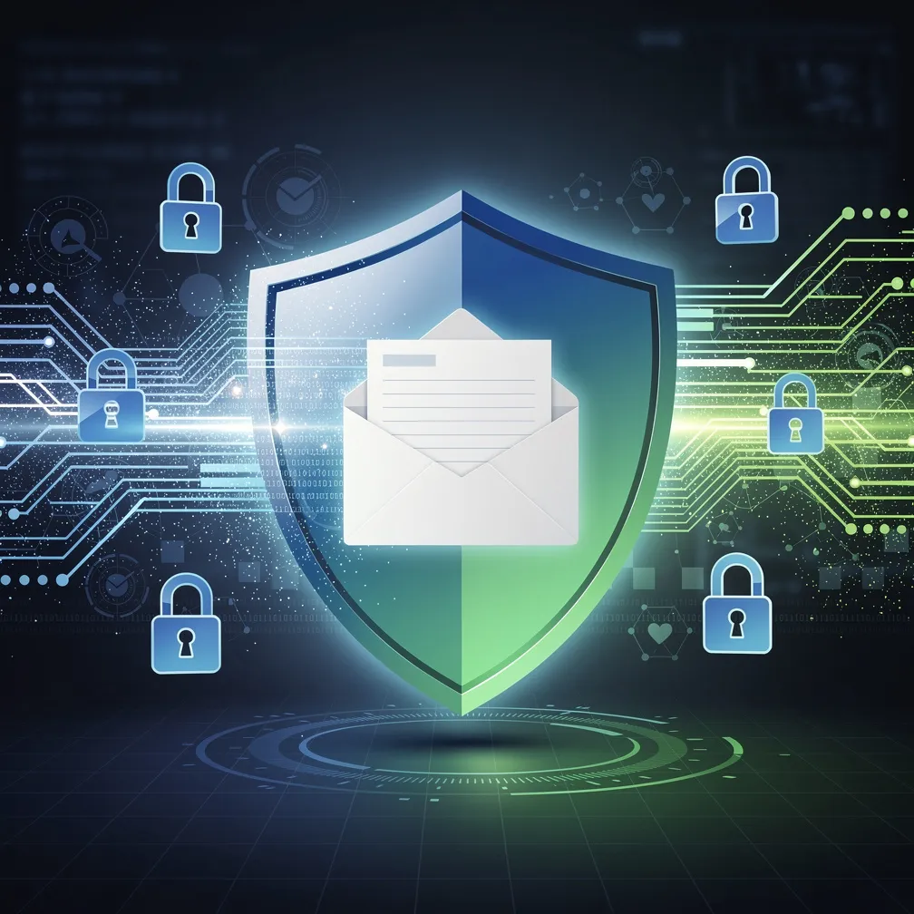 Secure email delivery illustration showing shield protecting email with encryption and security protocols