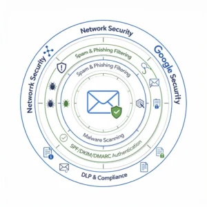 Diagram showing Google Workspace email security layers including network security, spam filtering, malware scanning, SPF DKIM DMARC authentication, and DLP compliance