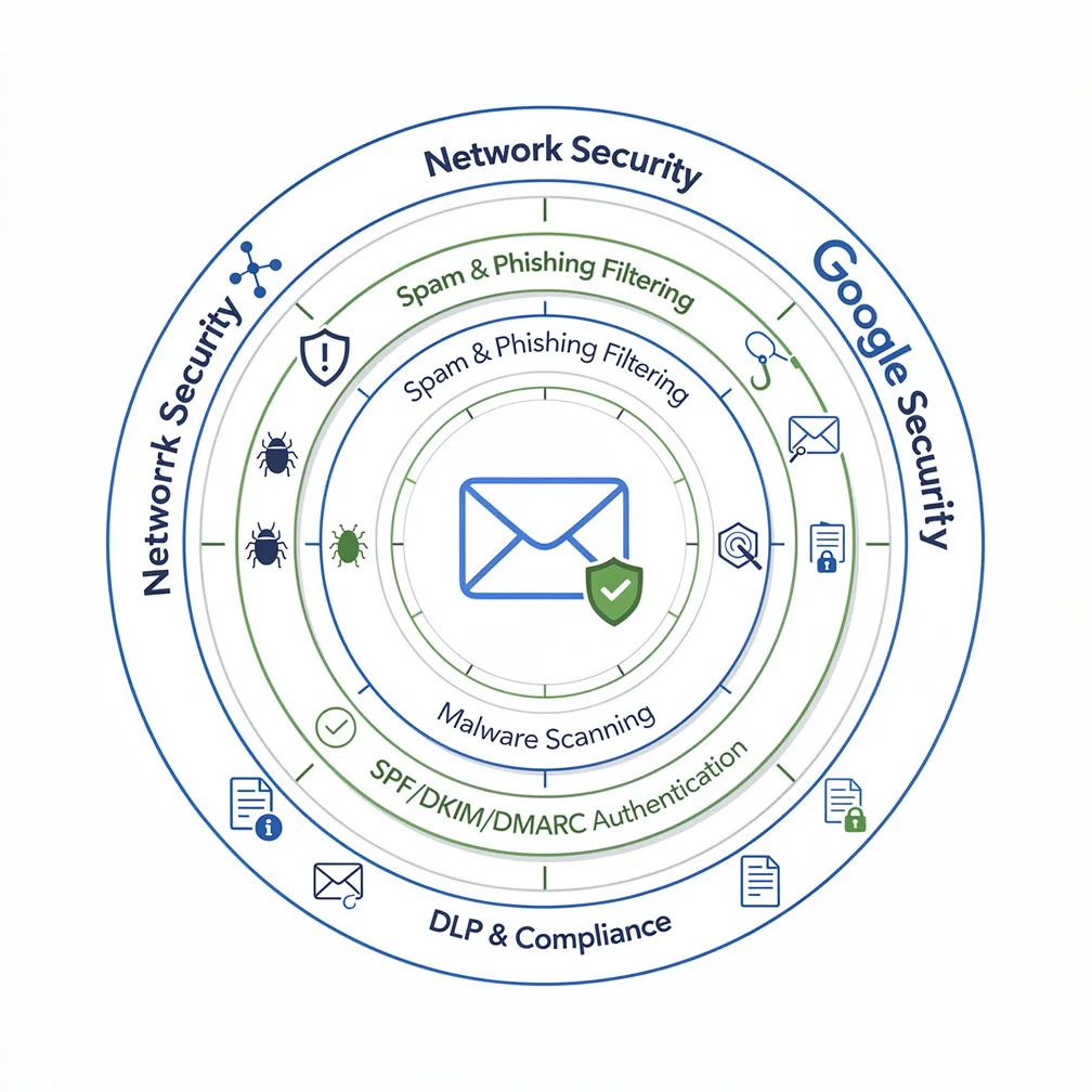 Diagram showing Google Workspace email security layers including network security, spam filtering, malware scanning, SPF DKIM DMARC authentication, and DLP compliance