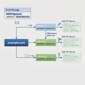 Technical diagram showing DKIM selector structure and multi-selector architecture with DNS lookup flow