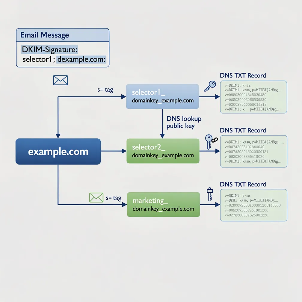 Technical diagram showing DKIM selector structure and multi-selector architecture with DNS lookup flow