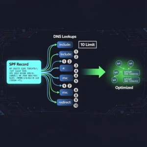 Technical diagram showing SPF DNS lookup chain counting to 10 limit with optimization strategies in blue and green