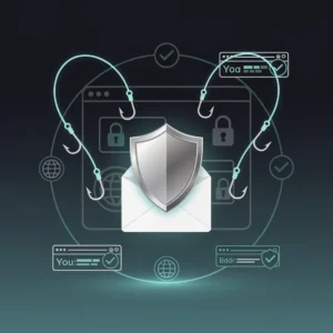 Shield protecting email domain from phishing hooks and spoofing attacks - cybersecurity visualization