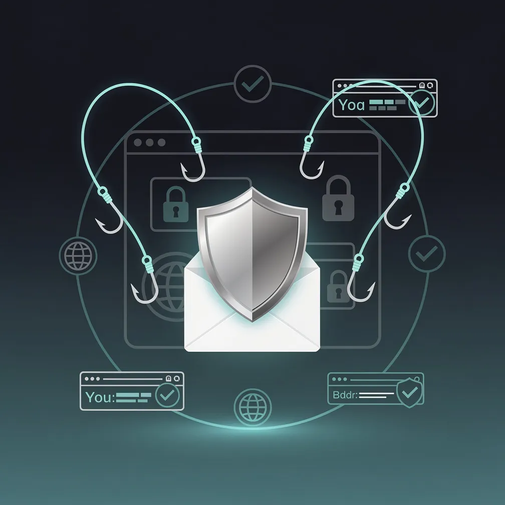 Shield protecting email domain from phishing hooks and spoofing attacks - cybersecurity visualization