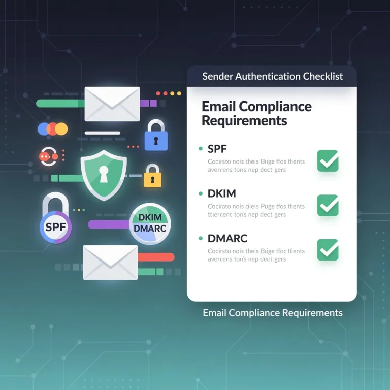 Google and Yahoo 2026 sender requirements compliance checklist showing email authentication and deliverability standards