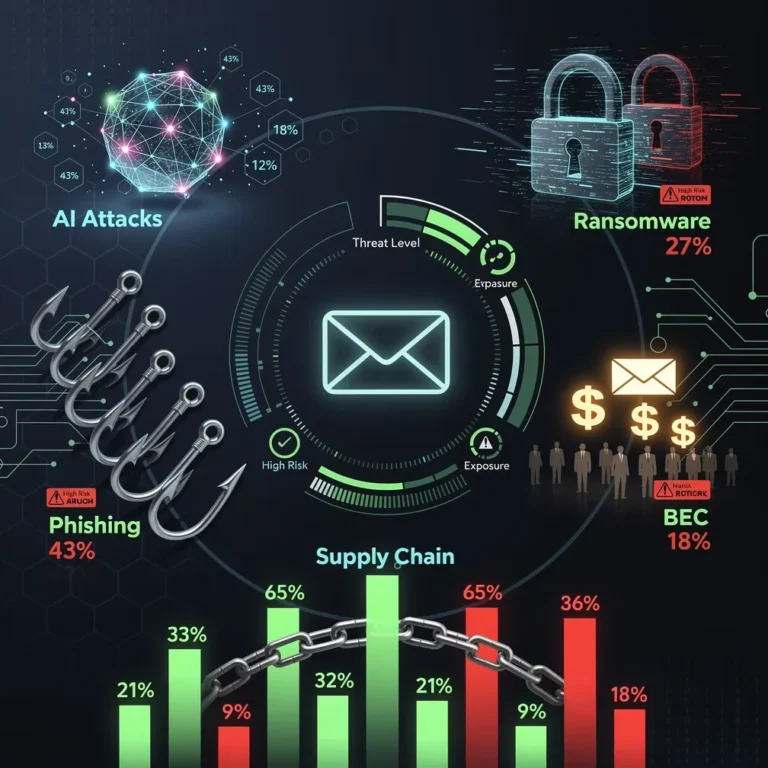 Email security threats 2026 visualization showing attack types including phishing, BEC, ransomware, AI-powered attacks, and supply chain threats in cybersecurity dashboard style