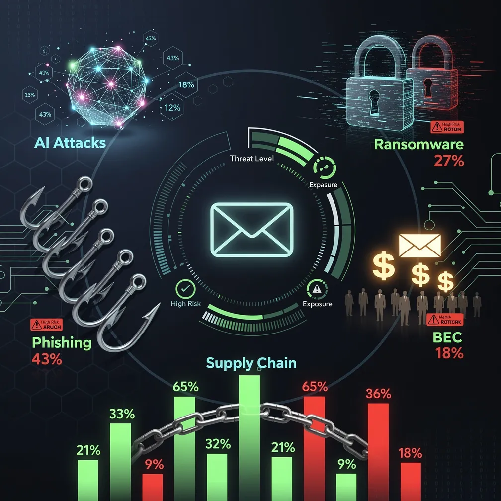 Email security threats 2026 visualization showing attack types including phishing, BEC, ransomware, AI-powered attacks, and supply chain threats in cybersecurity dashboard style