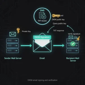 Diagram illustrating the DKIM email signing and verification process showing private key signing, DKIM-Signature header addition, DNS public key lookup, and signature verification