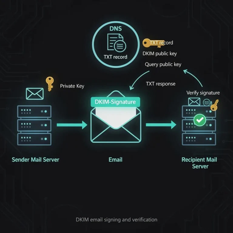 Diagram illustrating the DKIM email signing and verification process showing private key signing, DKIM-Signature header addition, DNS public key lookup, and signature verification