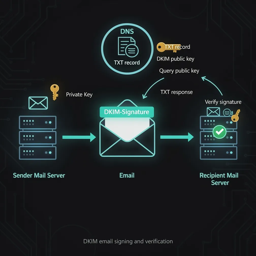 Diagram illustrating the DKIM email signing and verification process showing private key signing, DKIM-Signature header addition, DNS public key lookup, and signature verification