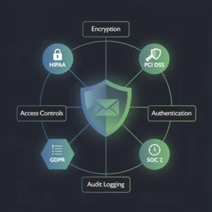 Email security compliance framework visualization showing HIPAA, PCI DSS, SOC 2, and GDPR regulations connected to email security controls including encryption, authentication, and audit logging