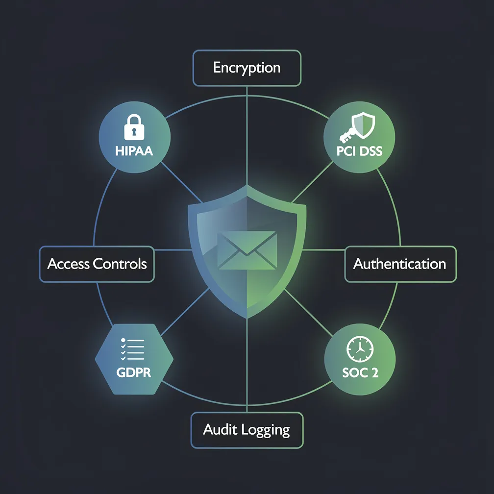 Email security compliance framework visualization showing HIPAA, PCI DSS, SOC 2, and GDPR regulations connected to email security controls including encryption, authentication, and audit logging