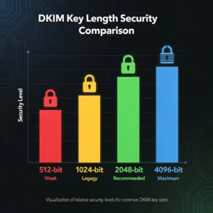 DKIM key length security comparison chart showing 512-bit, 1024-bit, 2048-bit, and 4096-bit key sizes with security level indicators