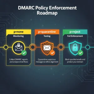 DMARC policy enforcement progression roadmap showing the journey from p=none monitoring through p=quarantine testing to p=reject full enforcement