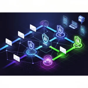 Email delivery services infrastructure in 2026 showing secure authentication checkpoints and AI-powered delivery optimization