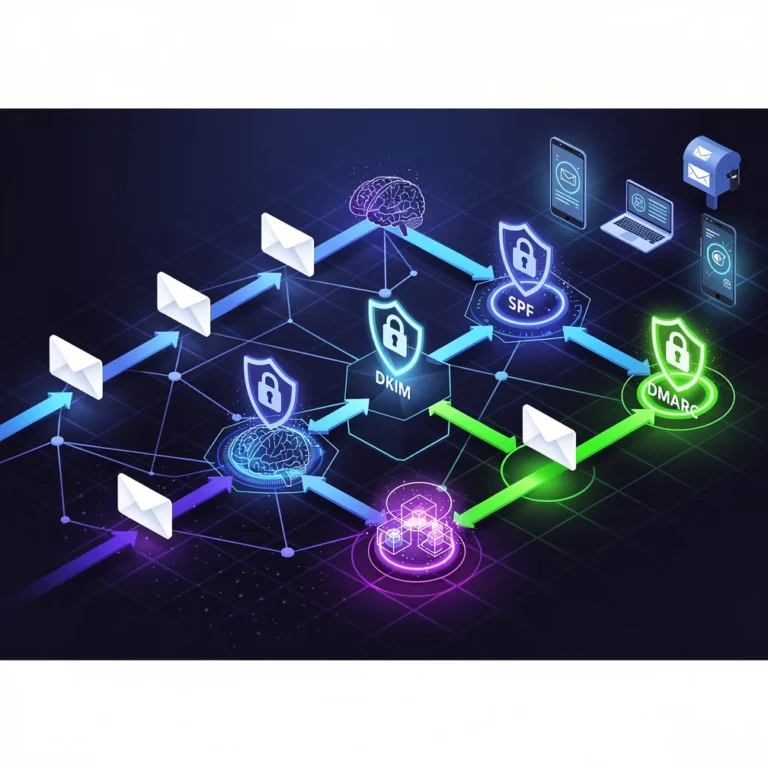 Email delivery services infrastructure in 2026 showing secure authentication checkpoints and AI-powered delivery optimization
